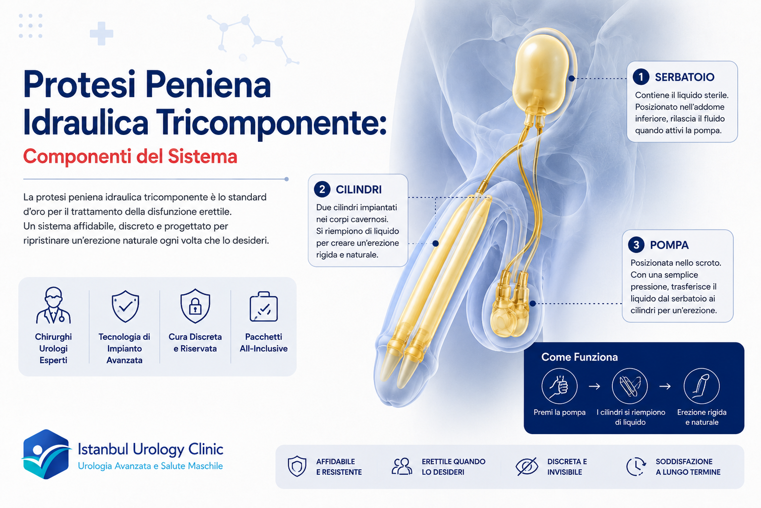 Protesi peniena idraulica tricomponente: componenti del sistema (cilindri, pompa, serbatoio)